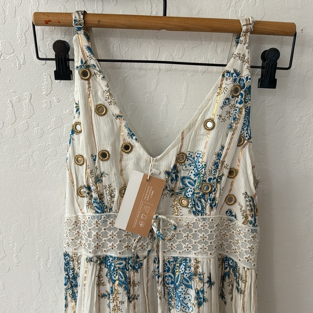 ANANTA S/M Blue Gold Metallic Lace Trim Boho Maxi Dress Made in India 25120 - Picture 3 of 11